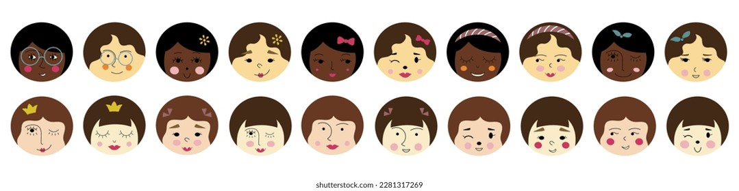 Personage bundle, nice girlish faces. Drawing character, variety feelings, girl portrait. Colorful vector simple elements
