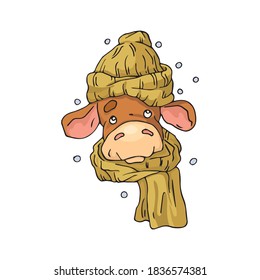 Personage. Cartoon bull wearing a hat and scarf. Vector illustration in a flat style.
