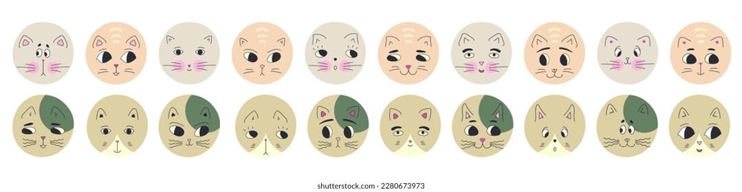 Personage collection, black eyes cats. Drawing emotion, variety faces, rounded kitty face. Creative giggly design
