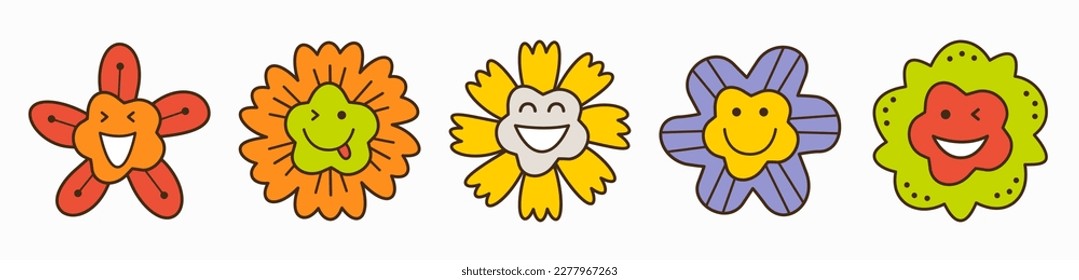 Personage collection, cheery flowers. Cartoon faces, diverse feelings, vector floral drawing. Creative giggly design
