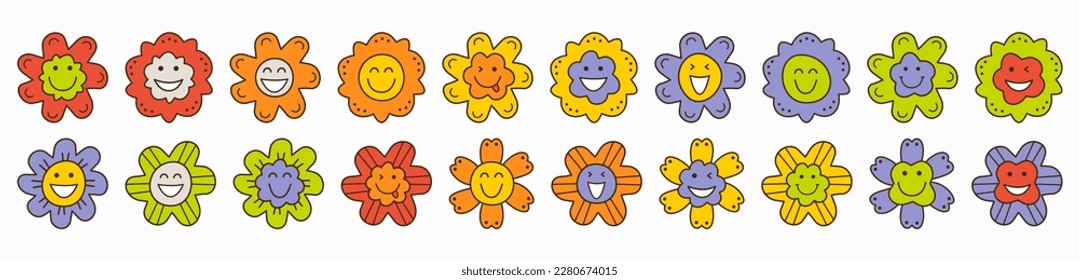 Personage collection, cheery flowers. Drawing emotion, variety faces, bright floret. Creative giggly design
