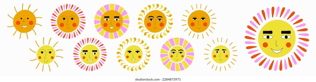 Personage collection, cheery suns. Various feelings, diverse emoticons, sun rays. Isolated flat cartoon vector 
