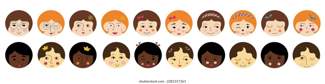 Personage collection, pleasant girlish faces. Drawing emotion, variety faces, female portrait. Creative giggly design
