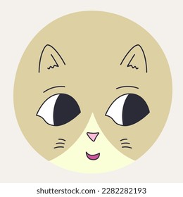 Personage design, cat face. Emoji character, abstract cat with black eyes. Colorful shape, bright figure, people face. Isolated on white
