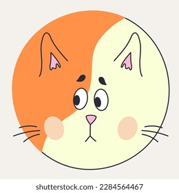Personage design, cute animal clipart. Cute creature, red-white cat with black eyes. Cartoon face, funny sticker, flat character. Isolated on white
