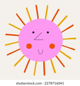 Personage design, extured shape. Cute shape, pink sun cheerful. Creative character, cartoon style, badge sticker. Isolated on white
