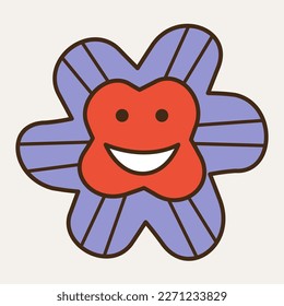Personage design, fairy tale object. Emoji character, six petals flower cheery. Colorful shape, bright figure, people face. Isolated on white
