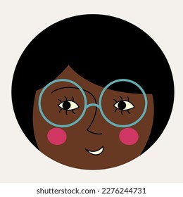 Personage design, girl guise. Head figure, comely girlish face with glasses. Simple character, funny face, flat icon. Isolated on white
