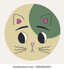 Personage design, rounded kitty face. Cartoon icon, fluffy cat with black eyes. Simple character, funny avatar, drawing emotion. Isolated on white
