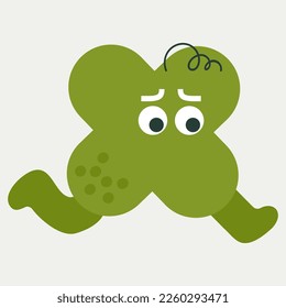 Personage design, unrealistic body. Cartoon icon, green quatrefoil, runs to the right. Simple character, funny avatar, drawing emotion. Isolated on white
