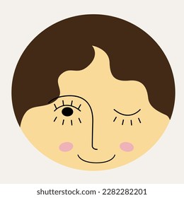 Personage design, woman guise. Emoji character, abstract girlish face with short haircut. Colorful shape, bright figure, people face. Isolated on white
