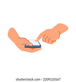Personage hands holding and using smartphone cell. Isolated arms with modern gadget, device for chatting and communication. Vector in flat cartoon style