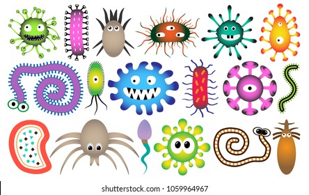 Personage monster, creature. Character of the set microorganism. Microbe, parasite, bacteria, virus, worm, sperm. Vector illustration set. Isolated on white background