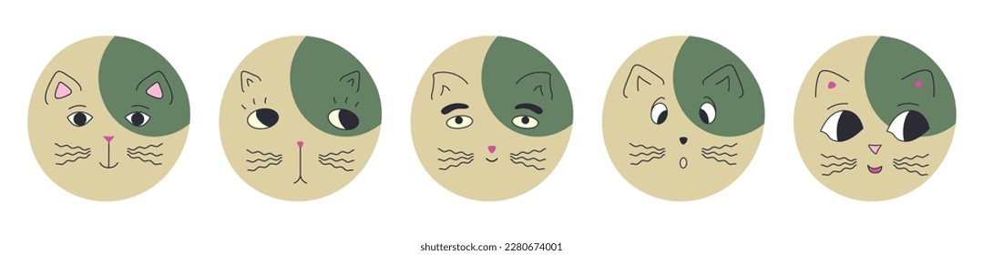 Personage pack, black eyes cats. Emoji stickers, variety emoticons, cat illustration. Editable flat illustration
