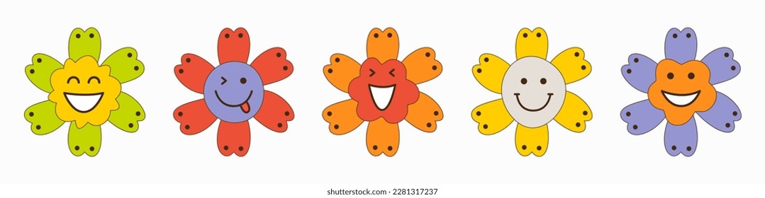 Personage pack, cheerful flowers. Emoji stickers, variety emoticons, children game concept. Editable flat illustration
