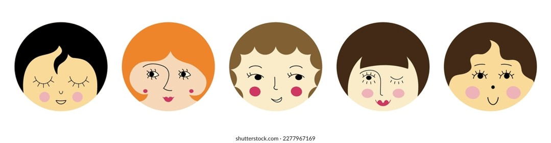 Personage pack, comely girlish faces. Cartoon style, diverse impressions, women appearance. Editable flat illustration
