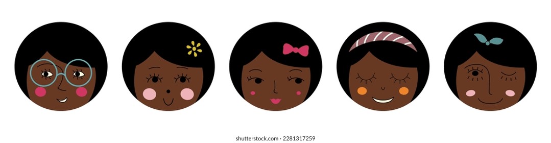 Personage pack, comely girlish faces. Emoji stickers, variety emoticons, girl guise. Editable flat illustration
