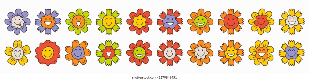 Personage set, joyous flowers. Abstract character, various mood, vibrant smiley floret. Colorful simple figures

