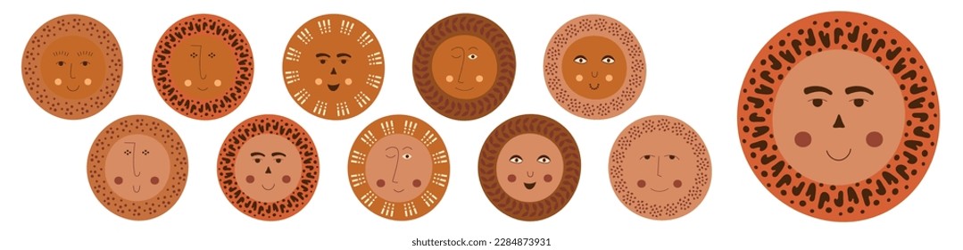 Personage set, optimistic abstract faces. Variety mascots, different feelings, male bizarre face. Isolated on white background
