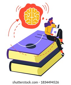 Personage studying with help of books and published sources. Development of skills, self education. Lady with textbook learning information, broadening mind preparing for exams vector in flat style