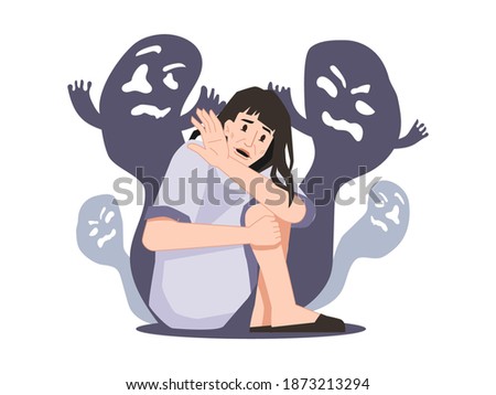 Personage suffering from schizophrenia and hallucinations seeing ghosts and creatures, spirits and shades. Mental disorder and diseases, psychopath or schizophrenic person. Vector in flat style Stock foto © 
