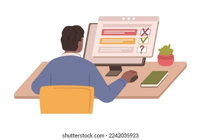 Personage taking online test on computer answering questions and choosing options. Isolated student at exam working on survey. Flat cartoon character vector