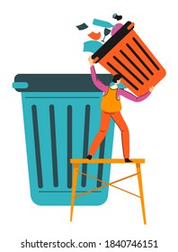 Personage throwing paper waste, isolated character with trash can and pages. Ecological problem solving, recycling and environmental care for nature. Reducing garbage pollution, vector in flat style