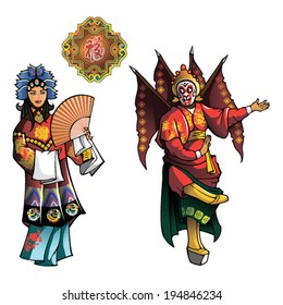 Personages of Beijing Opera, Wu Sheng (Sun Wukong or Monkey King) and Qing Yi (Zheng Dan) with the symbol of happiness, vector illustration