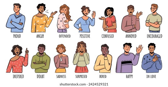 Personages expressing emotions and feelings with gesture, poses and mimic. Vector flat cartoon characters, men and women. Proud and angry, offended or positive, confused or annoyed, bored or happy