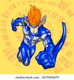 Personaje o súper héroe de color azul corriendo a gran velocidad. Fondo de color naranja claro.