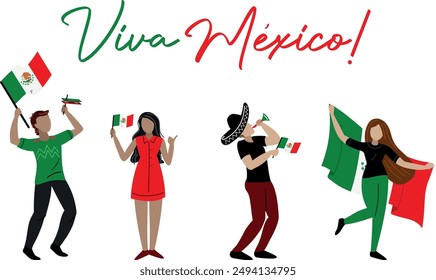 Personajes mexicanos festejando el dia de la independencia con banderas, sombreros y una atmósfera festiva