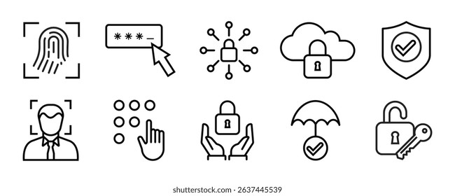 Personal Access - thin line vector icon set. Pixel perfect. Editable stroke. The set contains icons: Security System, Digital Authentication, Data Protection, Padlock, Facial Recognition, Fingerprint.