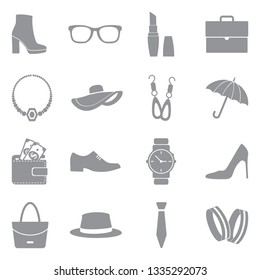 Personal Accessories Icons. Gray Flat Design. Vector Illustration.