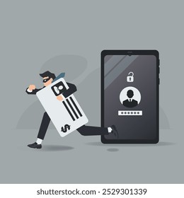 Contraseña de Cuenta personal desbloqueada, muchos ladrones de los datos financieros. Ilustración vectorial de concepto de phishing