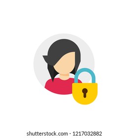 Personal account private protection or locked vector icon, flat cartoon person profile protected with closed lock, access denied, blocked user account, private user icon, safe or secure data