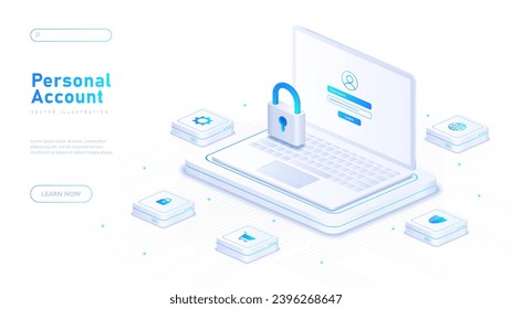 Personal account white poster. Laptop with padlock. Data protection. Modern technologies and inovations. Landing page design. Cartoon isometric vector illustration isolated on white background