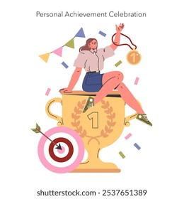 Personal achievement celebration concept. A joyful individual sits atop a giant trophy, holding a medal, with festive confetti. Success, goal attainment, and self-celebration themes. Vector