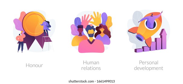 Personal achievement and employees training metaphors. Honour, human relations, self development. Business coaching. Challenge and progress abstract concept vector illustration set.