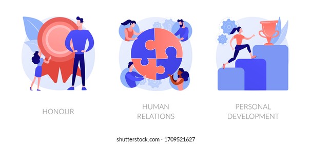 Personal achievement and employees training metaphors. Honour, human relations, self development. Business coaching. Challenge and progress abstract concept vector illustration set.