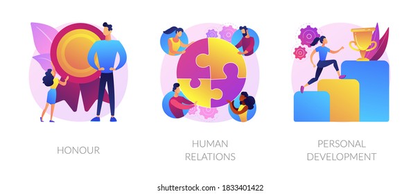 Personal achievement and employees training metaphors. Honour, human relations, self development. Business coaching. Challenge and progress abstract concept vector illustration set.