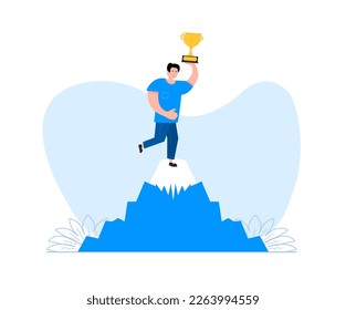 Personal achievement. Man win stands on top of a mountain with a goblet in his hands. Best worker