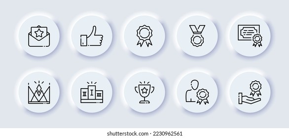 Personal achievement set icon. Letter of praise, encouragement, star, email, like rating, medal, award trophy, certificate, crown, top, first place, winner cup, employee. Business concept. Neomorphism