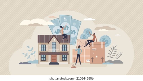 Personal Assets As Financial And Real Estate Capital Tiny Person Concept. Private Properties And Savings Value Vector Illustration. Cash Money Deposit And House Ownership As Passive Wealth Resources.