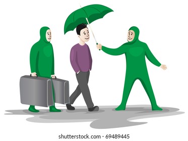 Personal assistance - two funny green assistant to help and serve as a wealthy young man