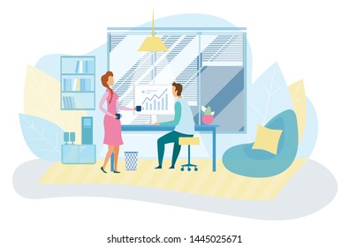 Personal Assistant Brings Coffee to Financial Analyst. Executive Manager Works on Computer with Profit Charts in High Technology Office. Secretary or Coworker Proposing Hot Drink. Vector Illustration