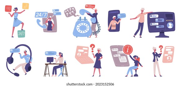 Asistente personal, servicio de red de atención al cliente de call center. Servicio de asistencia técnica en línea del cliente, conjunto de ilustraciones vectoriales del asistente de línea directa en línea. Personas que proporcionan ayuda