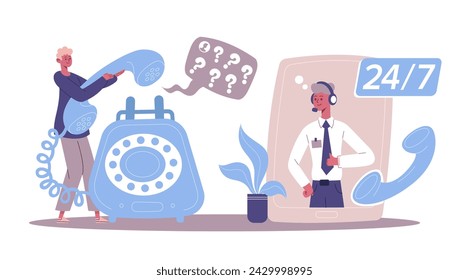 Personal assistant, call center customer support network services. Man calling technical or customer consultant, hotline for online chat. Client contacting help service vector illustration