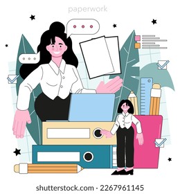 Concepto de asistente personal. Ayuda profesional y apoyo a un empresario. Planificación de días de trabajo, documentación y asistencia para reuniones. Ilustración vectorial plana