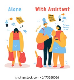 A personal assistant helps a woman with household chores.Tired of homework, a woman seeks help from a personal assistant. With a personal assistant it is easier to handle tasks.Vector illustration