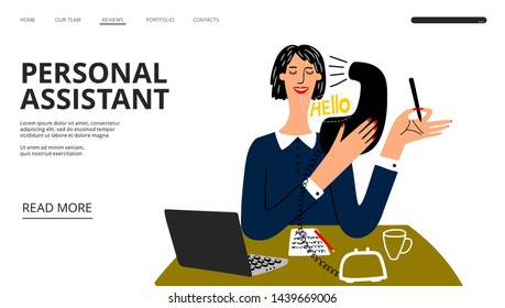 Personal assistant landing page. Vector business help web banner template. Illustration of homepage assistant service, phone support